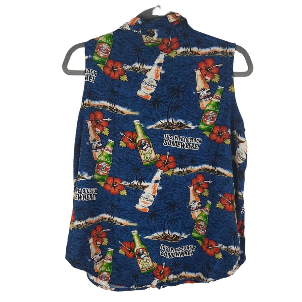 Big Dogs Blue Sleeveless Hawaiian Bottle Print Blouse - Picture 2 of 9
